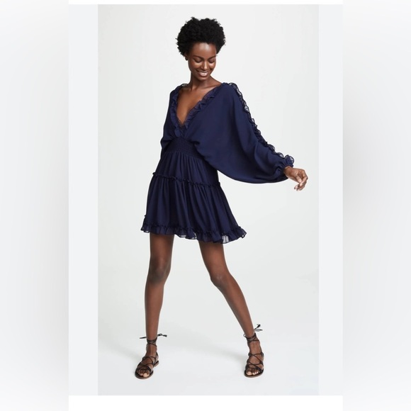 MISA LOS ANGELES Sz S Navy Chiffon Ruffle Smocked Deep V Tie Back LUISA Dress - Picture 1 of 7